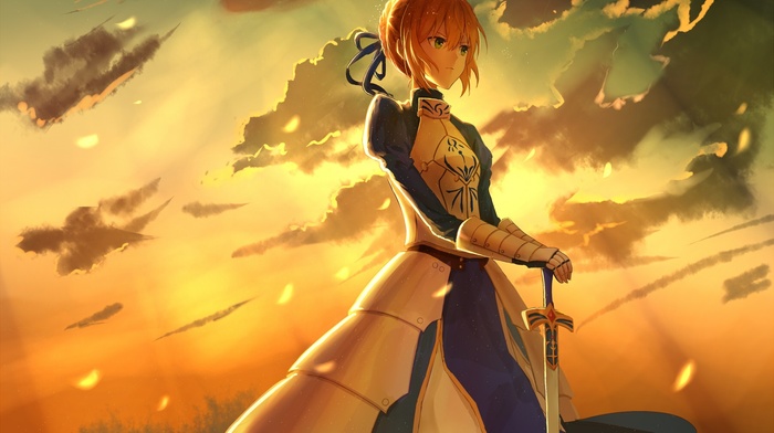 Saber, anime, fate series, sword, sunset