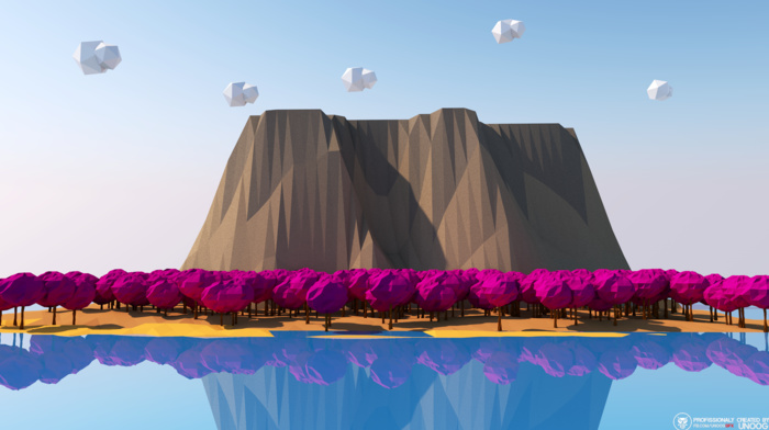 trees, mountain, low poly, reflection