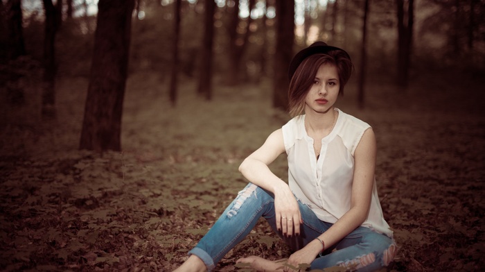 trees, model, white tops, brunette, leaves, girl, jeans