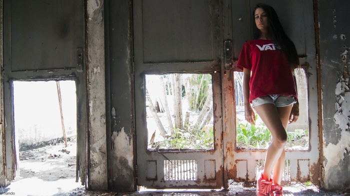 model, girl, door, walls, jean shorts