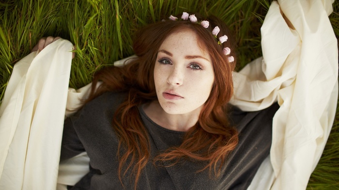 flowers, girl, Danielle Victoria, model, face, freckles, grass, field, lying on back, wreaths, long hair, redhead, looking at viewer, girl outdoors