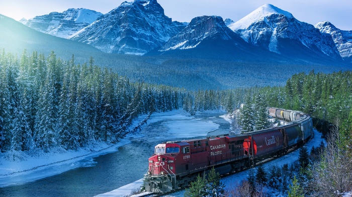 railway, river, train, Canada, landscape, trees, ice, forest, snow, mountain, Rocky Mountains, snowy peak