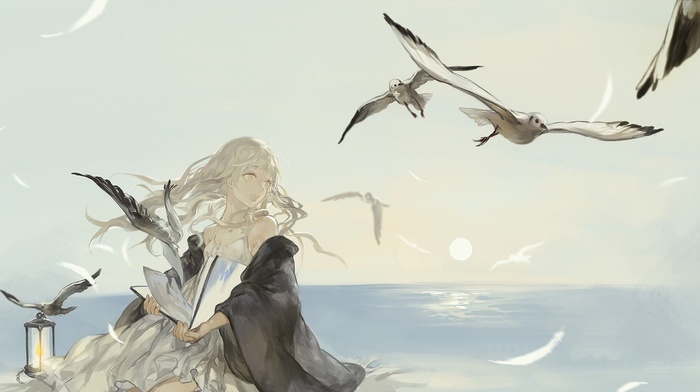 anime girls, sea, birds