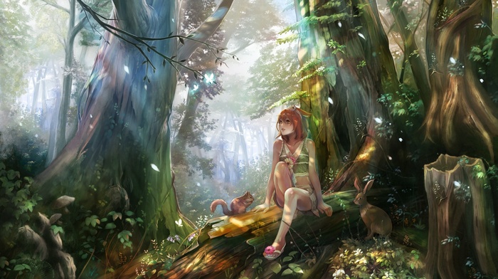 fantasy art, forest clearing, anime girls, original characters, forest, redhead, elves, nature
