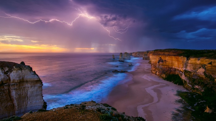 landscape, nature, beach, Australia, cliff, storm