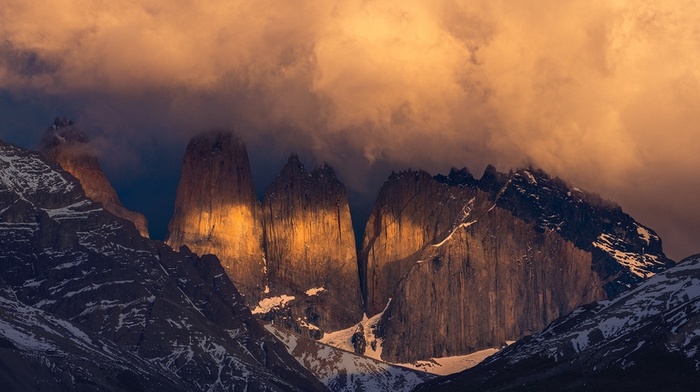 nature, Torres del Paine, sunset, mountain, snowy peak, clouds, summit, cliff, landscape, Chile
