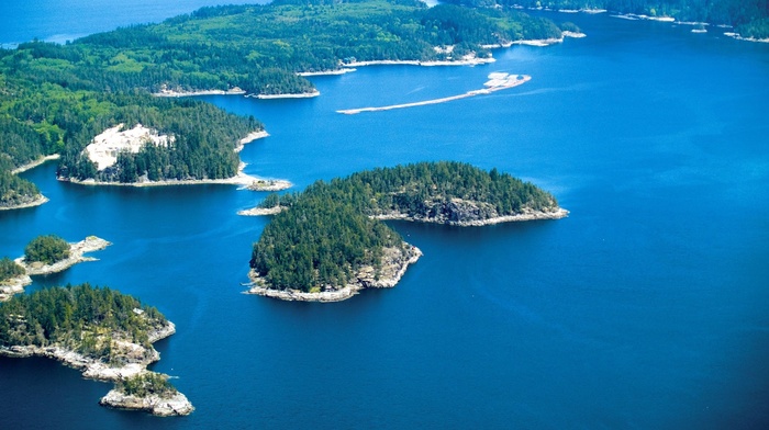 beach, nature, aerial view, British Columbia, sea, green, Private, forest, island, blue, landscape