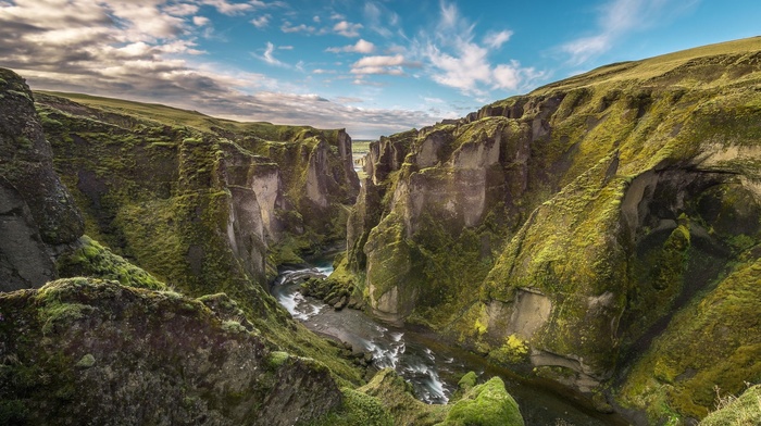 landscape, nature, Iceland, canyon, moss, clouds, river