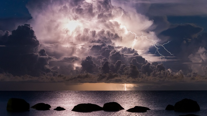 landscape, sea, water, storm, night, nature, rock, lightning, clouds