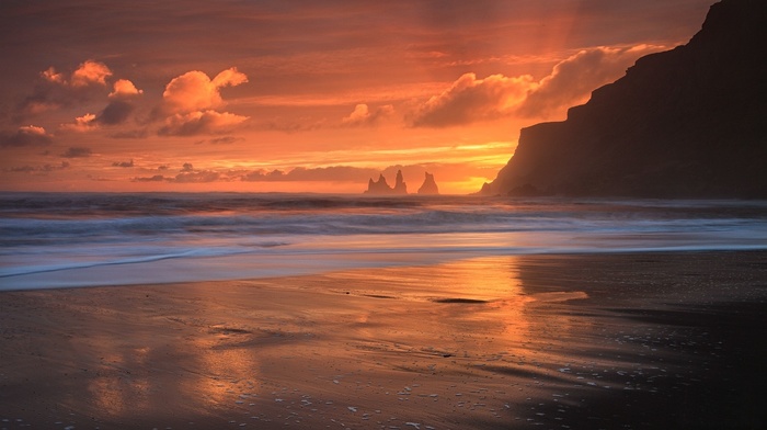 vik, sunset, sand, sun rays, Iceland, rock, island, glowing, landscape, sea, beach, waves, nature, clouds