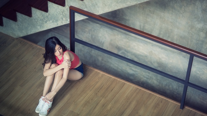 model, girl, stairs, Asian, walls