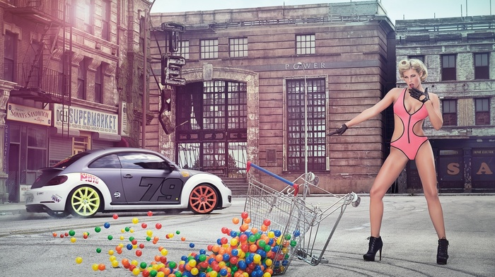 street, One, piece swimsuit, car, high heels, gloves, cleavage, girl outdoors, open mouth, building, blonde, looking at viewer, long hair, Miss Tuning, stiletto, girl with cars, girl, model, ball, sports car