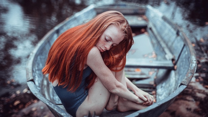 girl outdoors, sitting, redhead, boat, closed eyes, long hair, model, girl, barefoot, freckles, water, fall