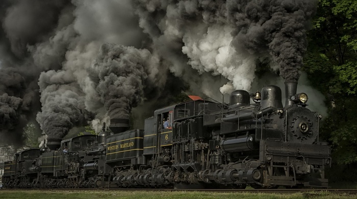 USA, dust, wheels, nature, railway, grass, steam locomotive, trees, smoke, Maryland, train
