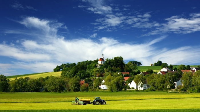 forest, hill, countries, nature, field, house, villages, trees, church, tractors