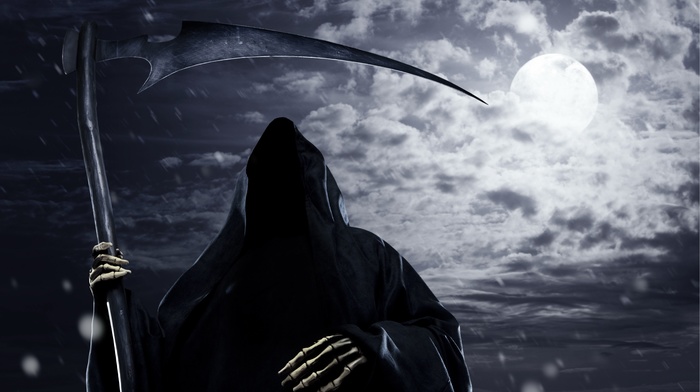 scythe, grim reaper, rain, moon, clouds