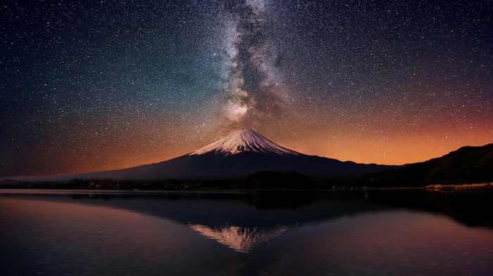 water, stars, Mount Fuji, nature, Japan, Milky Way