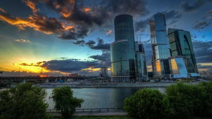 cityscape, water, clouds