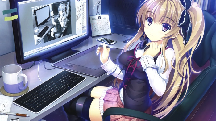 graphics tablets, original characters, anime, skirt, computer, thigh, highs, keyboards