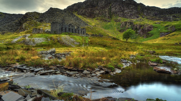 abandoned, landscape, hill, river, nature