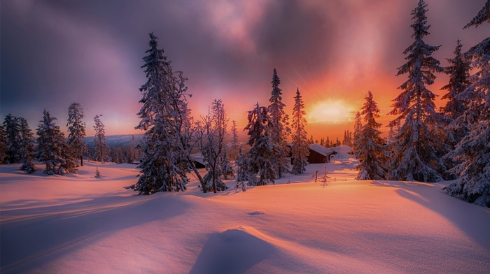 Norway, white, trees, snow, winter, cold, nature, sunset, landscape, cottage, forest, clouds, red, yellow