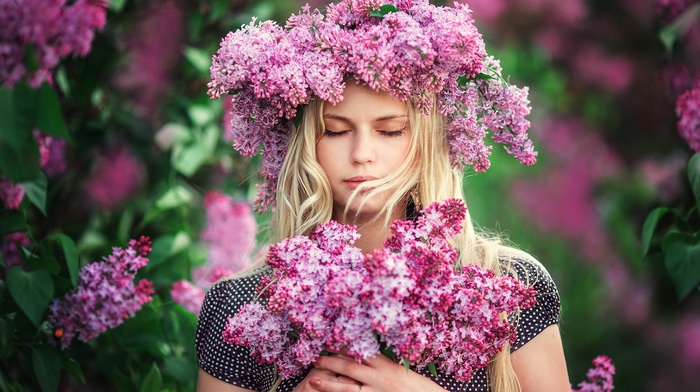 girl outdoors, blonde, flowers, girl, wreaths, closed eyes, long hair, lilac