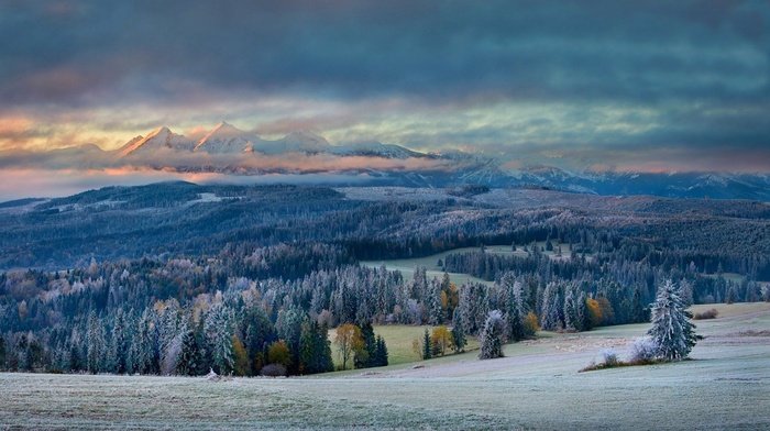 snowy peak, field, frost, sunset, fall, nature, forest, landscape, cold, valley, mountain, clouds