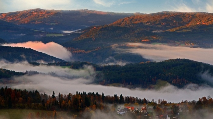 mist, sunset, mountain, nature, landscape, villages, fall, forest