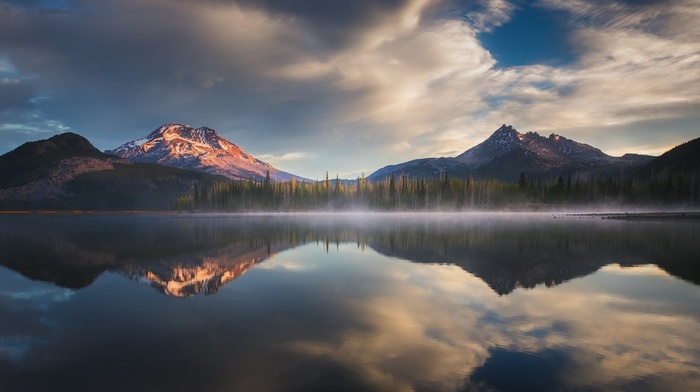 lake, mountain, reflection, mist, snowy peak, nature, Oregon, forest, landscape, clouds, sunrise, water