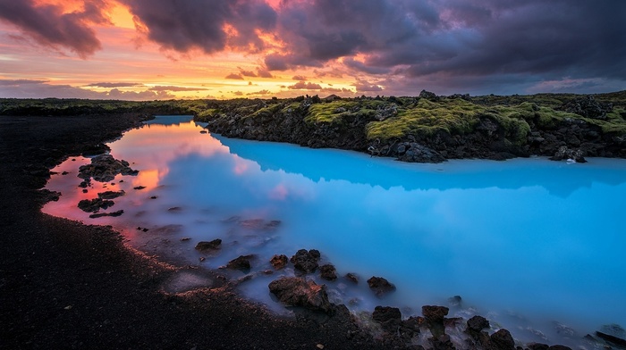 sunset, Iceland, yellow, water, nature, landscape, blue, clouds