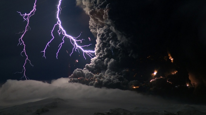 lightning, eruptions, Chile, mountain, clouds, landscape, nature, volcano