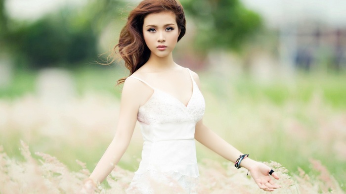 white dress, model, girl, Asian, grass