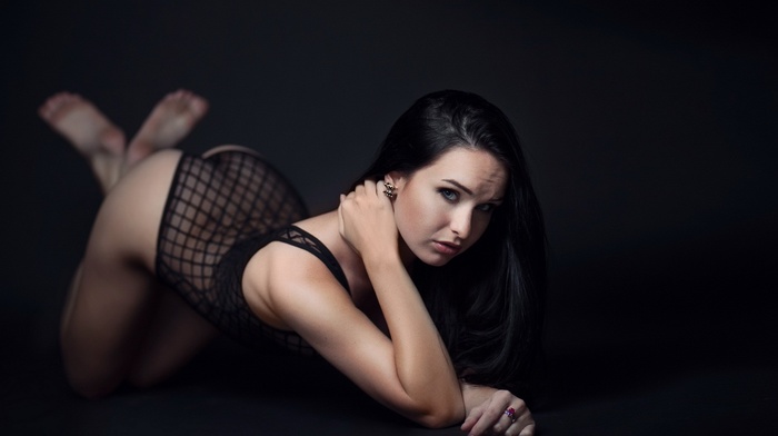 kneeling, black hair, bent over, model, legs up, girl, black lingerie, simple background