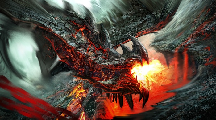 creature, fantasy art, dragon, lava, artwork, fire