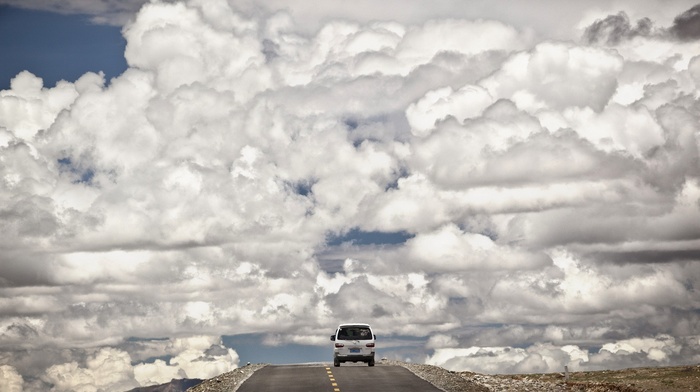 rear view, horizon, rock, planet, anime, Luna Amor, road, clouds, vehicle, car