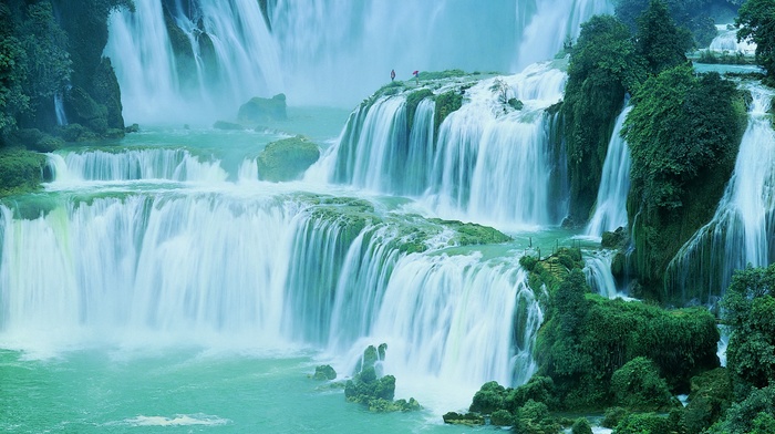 huge, China, waterfall, shrubs, green, landscape, nature