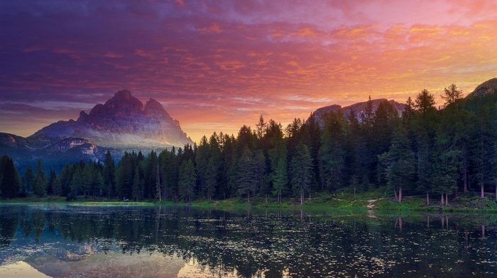 forest, landscape, reflection, clouds, lake, Italy, nature, sunset, mountain