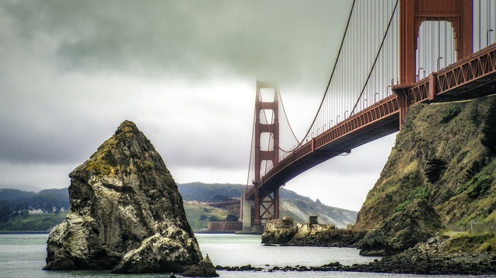 bridge, river, rock, mist