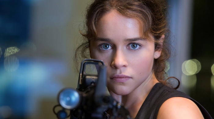 actress, Emilia Clarke, girl, Terminator, weapon, face, blue eyes