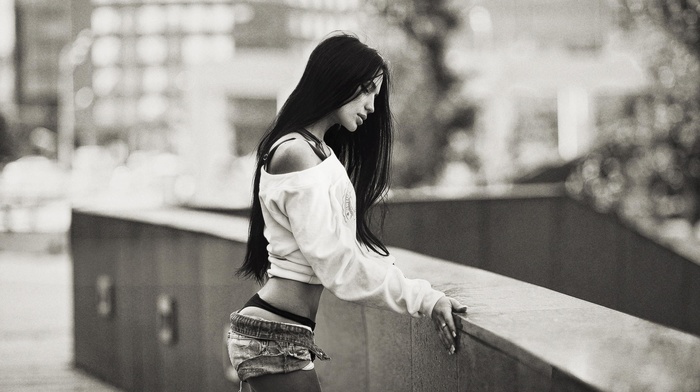 black hair, long hair, jean shorts, model, sweater, Alla Berger, girl