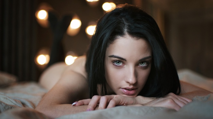 girl, in bed, model, Alla Berger, portrait, face, black hair