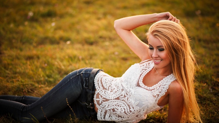 blonde, Maria, model, jeans, girl, grass