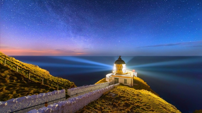coast, landscape, long exposure, UK, Scotland, nature, lighthouse, sea, starry night