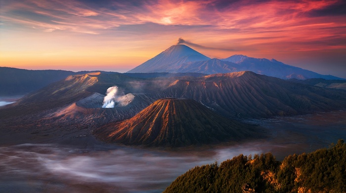mist, volcano, mountain, landscape, nature, Indonesia, sunrise