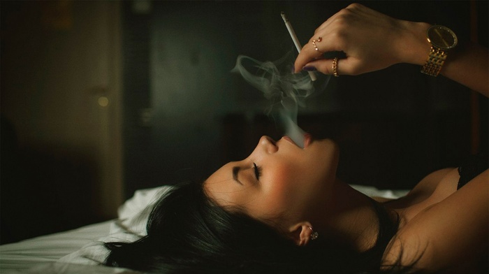 cigars, face, smoke, closed eyes, smoking, girl
