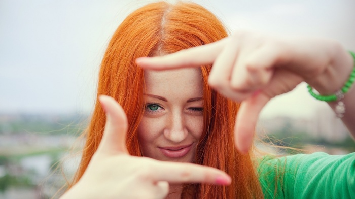 smiling, hand, long hair, green eyes, face, fingers, girl, depth of field, model, redhead, girl outdoors, looking at viewer