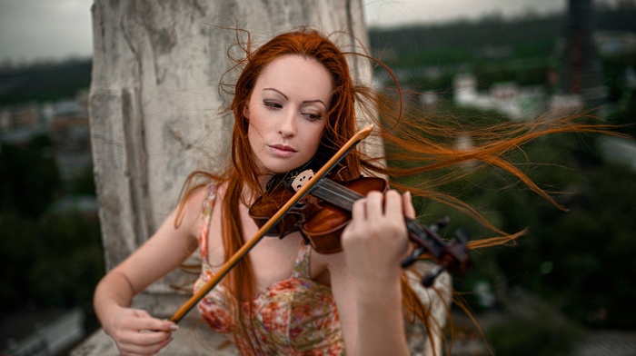 windy, musicians, redhead, girl outdoors, playing, long hair, violin, bare shoulders, urban, model, girl