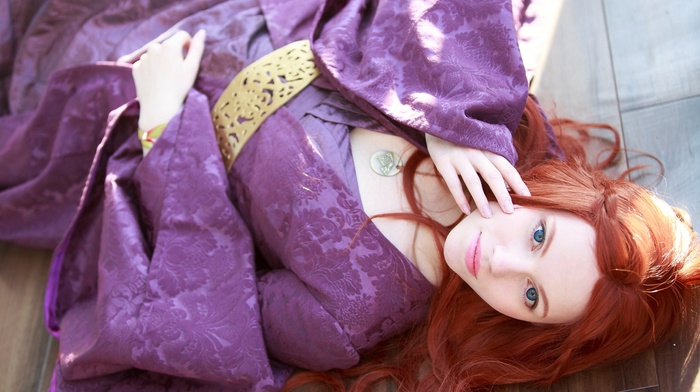 looking at viewer, lying on back, redhead, model, on the floor, kimono, Japanese clothes, girl, wooden surface, long hair, blue eyes