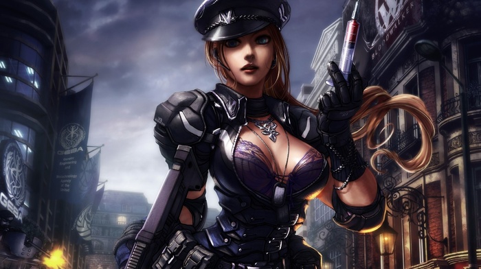 cleavage, futuristic, police, artwork, fantasy art, girl