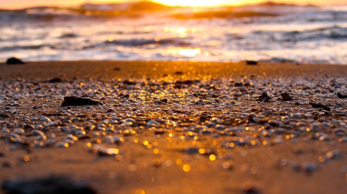 sunset, pebbles, depth of field, bokeh, beach, sand, sea, stones, nature, sunlight